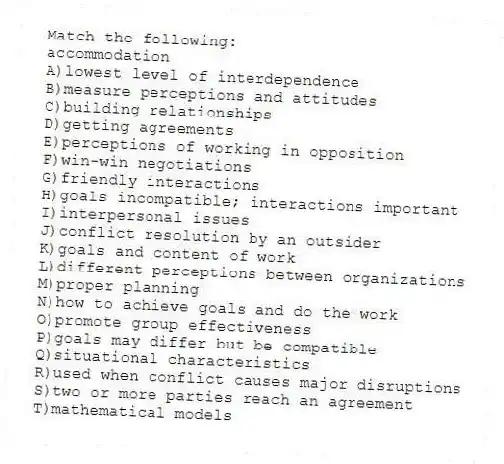 Match the following:
-accommodation
A)lowest level of interdependence
B)measure perceptions and attitudes
C)building relationships
D)getting agreements
E)perceptions of working in opposition
F)win-win negotiations
G)friendly interactions
H)goals incompatible; interactions important
I)interpersonal issues
J)conflict resolution by an outsider
K)goals and content of work
L)different perceptions between organizations
M)proper planning
N)how to achieve goals and do the work
O)promote group effectiveness
P)goals may differ but be compatible
Q)situational characteristics
R)used when conflict causes major disruptions
S)two or more parties reach an agreement
T)mathematical models