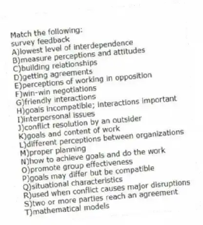 Match the following:
-survey feedback
A)lowest level of interdependence
B)measure perceptions and attitudes
C)building relationships
D)getting agreements
E)perceptions of working in opposition
F)win-win negotiations
G)friendly interactions
H)goals incompatible; interactions important
I)interpersonal issues
J)conflict resolution by an outsider
K)goals and content of work
L)different perceptions between organizations
M)proper planning
N)how to achieve goals and do the work
O)promote group effectiveness
P)goals may differ but be compatible
Q)situational characteristics
R)used when conflict causes major disruptions
S)two or more parties reach an agreement
T)mathematical models