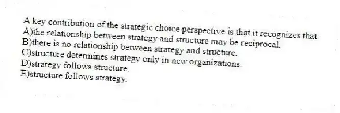 A key contribution of the strategic choice perspective is that it recognizes that
A)the relationship between strategy and structure may be reciprocal.
B)there is no relationship between strategy and structure.
C)structure determines strategy only in new organizations.
D)strategy follows structure.
E)structure follows strategy.