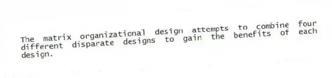 The matrix organizational design attempts to combine four different disparate designs to gain the benefits of each design.
