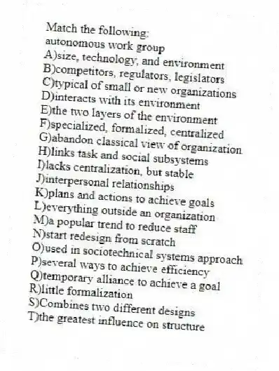 Match the following:
-autonomous work group
A)size, technology, and environment
B)competitors, regulators, legislators
C)typical of small or new organizations
D)interacts with its environment
E)the two layers of the environment
F)specialized, formalized, centralized
G)abandon classical view of organization
H)links task and social subsystems
I)lacks centralization, but stable
J)interpersonal relationships
K)plans and actions to achieve goals
L)everything outside an organization
M)a popular trend to reduce staff
N)start redesign from scratch
O)used in sociotechnical systems approach
P)several ways to achieve efficiency
Q)temporary alliance to achieve a goal
R)little formalization
S)Combines two different designs
T)the greatest influence on structure