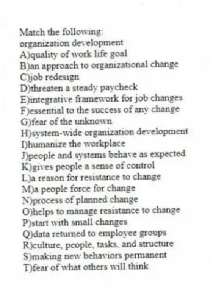 Match the following:
-organization development
A)quality of work life goal
B)an approach to organizational change
C)job redesign
D)threaten a steady paycheck
E)integrative framework for job changes
F)essential to the success of any change
G)fear of the unknown
H)system-wide organization development
I)humanize the workplace
J)people and systems behave as expected
K)gives people a sense of control
L)a reason for resistance to change
M)a people force for change
N)process of planned change
O)helps to manage resistance to change
P)start with small changes
Q)data returned to employee groups
R)culture, people, tasks, and structure
S)making new behaviors permanent
T)fear of what others will think