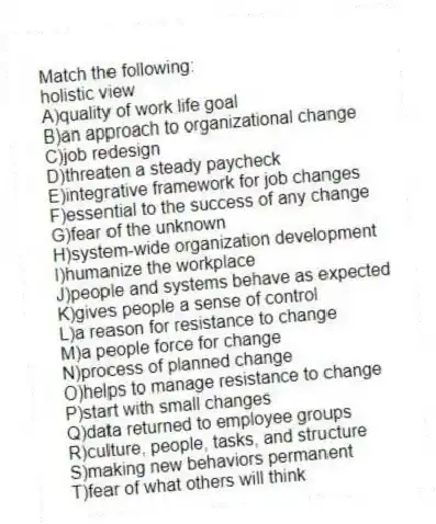 Match the following:
-holistic view
A)quality of work life goal
B)an approach to organizational change
C)job redesign
D)threaten a steady paycheck
E)integrative framework for job changes
F)essential to the success of any change
G)fear of the unknown
H)system-wide organization development
I)humanize the workplace
J)people and systems behave as expected
K)gives people a sense of control
L)a reason for resistance to change
M)a people force for change
N)process of planned change
O)helps to manage resistance to change
P)start with small changes
Q)data returned to employee groups
R)culture, people, tasks, and structure
S)making new behaviors permanent
T)fear of what others will think