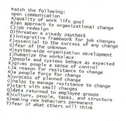 Match the following:
-open communication
A)quality of work life goal
B)an approach to organizational change
C)job redesign
D)threaten a steady paycheck
E)integrative framework for job changes
F)essential to the success of any change
G)fear of the unknown
H)system-wide organization development
I)humanize the workplace
J)people and systems behave as expected
K)gives people a sense of control
L)a reason for resistance to change
M)a people force for change
N)process of planned change
O)helps to manage resistance to change
P)start with small changes
Q)data returned to employee groups
R)culture, people, tasks, and structure
S)making new behaviors permanent
T)fear of what others will think
