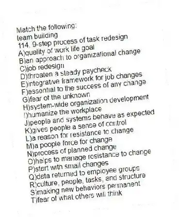 Match the following:
-team building
114. 9-step process of task redesign
A)quality of work life goal
B)an approach to organizational change
C)job redesign
D)threaten a steady paycheck
E)integrative framework for job changes
F)essential to the success of any change
G)fear of the unknown
H)system-wide organization development
I)humanize the workplace
J)people and systems behave as expected
K)gives people a sense of control
L)a reason for resistance to change
M)a people force for change
N)process of planned change
O)helps to manage resistance to change
P)start with small changes
Q)data returned to employee groups
R)culture, people, tasks, and structure
S)making new behaviors permanent
T)fear of what others will think