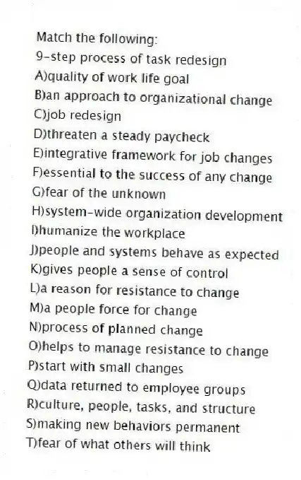 Match the following:
-9-step process of task redesign
A)quality of work life goal
B)an approach to organizational change
C)job redesign
D)threaten a steady paycheck
E)integrative framework for job changes
F)essential to the success of any change
G)fear of the unknown
H)system-wide organization development
I)humanize the workplace
J)people and systems behave as expected
K)gives people a sense of control
L)a reason for resistance to change
M)a people force for change
N)process of planned change
O)helps to manage resistance to change
P)start with small changes
Q)data returned to employee groups
R)culture, people, tasks, and structure
S)making new behaviors permanent
T)fear of what others will think