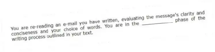 You are re-reading an e-mail you have written, evaluating the message's clarity and conciseness and your choice of words. You are in the ___________ phase of the writing process outlined in your text.