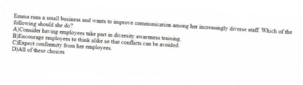 Emma runs a small business and wants to improve communication among her increasingly diverse staff. Which of the following should she do?
A)Consider having employees take part in diversity awareness training.
B)Encourage employees to think alike so that conflicts can be avoided.
C)Expect conformity from her employees.
D)All of these choices