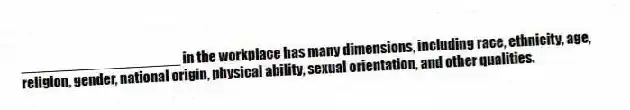 ____________________ in the workplace has many dimensions, including race, ethnicity, age, religion, gender, national origin, physical ability, sexual orientation, and other qualities.