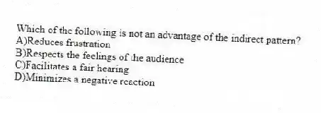 Which of the following is not an advantage of the indirect pattern?
A)Reduces frustration
B)Respects the feelings of the audience
C)Facilitates a fair hearing
D)Minimizes a negative reaction
