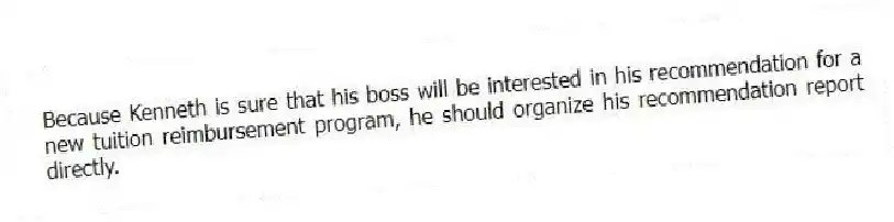 Because Kenneth is sure that his boss will be interested in his recommendation for a new tuition reimbursement program, he should organize his recommendation report directly.