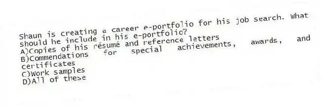 Shaun is creating a career e-portfolio for his job search. What should he include in his e-portfolio? 
A)Copies of his résumé and reference letters 
B)Commendations for special achievements, awards, and certificates 
C)Work samples 
D)All of these