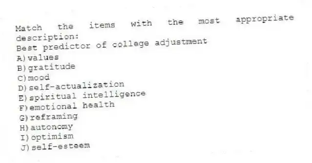 Match the items with the most appropriate description:
-Best predictor of college adjustment
A)values
B)gratitude
C)mood
D)self-actualization
E)spiritual intelligence
F)emotional health
G)reframing
H)autonomy
I)optimism
J)self-esteem