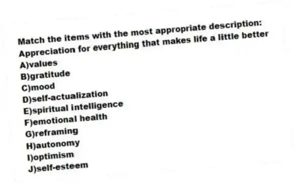Match the items with the most appropriate description:
-Appreciation for everything that makes life a little better
A)values
B)gratitude
C)mood
D)self-actualization
E)spiritual intelligence
F)emotional health
G)reframing
H)autonomy
I)optimism
J)self-esteem