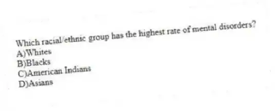 Which racial/ethnic group has the highest rate of mental disorders?
A)Whites
B)Blacks
C)American Indians
D)Asians