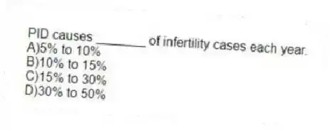 PID causes _______ of infertility cases each year.
A)5% to 10%
B)10% to 15%
C)15% to 30%
D)30% to 50%