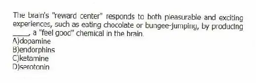 The brain's "reward center" responds to both pleasurable and exciting experiences, such as eating chocolate or bungee-jumping, by producing ____, a "feel good" chemical in the brain.
A)dopamine
B)endorphins
C)ketamine
D)serotonin