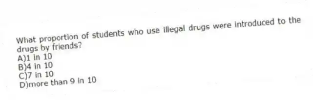 What proportion of students who use illegal drugs were introduced to the drugs by friends?
A)1 in 10
B)4 in 10
C)7 in 10
D)more than 9 in 10