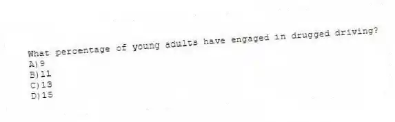 What percentage of young adults have engaged in drugged driving?
A)9
B)11
C)13
D)15