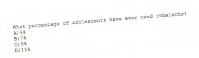 What percentage of adolescents have ever used inhalants?
A)5%
B)7%
C)9%
D)11%