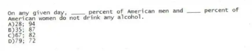 On any given day, ____ percent of American men and ____ percent of American women do not drink any alcohol.
A)28; 94
B)35; 87
C)67; 82
D)79; 72