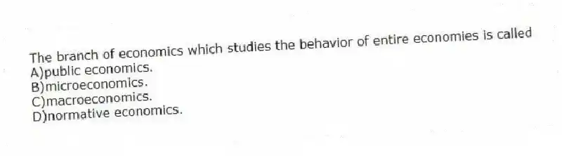 The branch of economics which studies the behavior of entire economies is called
A)public economics.
B)microeconomics.
C)macroeconomics.
D)normative economics.