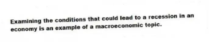 Examining the conditions that could lead to a recession in an economy is an example of a macroeconomic topic.
