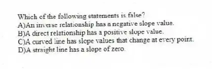 Which of the following statements is false?
A)An inverse relationship has a negative slope value.
B)A direct relationship has a positive slope value.
C)A curved line has slope values that change at every point.
D)A straight line has a slope of zero.