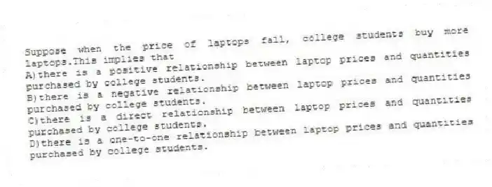 Suppose when the price of laptops fall, college students buy more laptops.This implies that
A)there is a positive relationship between laptop prices and quantities purchased by college students.
B)there is a negative relationship between laptop prices and quantities purchased by college students.
C)there is a direct relationship between laptop prices and quantities purchased by college students.
D)there is a one-to-one relationship between laptop prices and quantities purchased by college students.