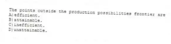 The points outside the production possibilities frontier are
A)efficient.
B)attainable.
C)inefficient.
D)unattainable.