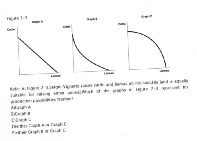 Figure 2-3
-Refer to Figure 2-3.Sergio Vignetto raises cattle and llamas on his land.His land is equally suitable for raising either animal.Which of the graphs in Figure 2-3 represent his production possibilities frontier?
A)Graph A
B)Graph B
C)Graph C
D)either Graph A or Graph C
E)either Graph B or Graph C