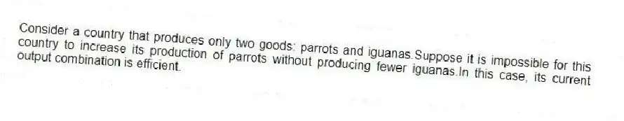 Consider a country that produces only two goods: parrots and iguanas.Suppose it is impossible for this country to increase its production of parrots without producing fewer iguanas.In this case, its current output combination is efficient.
