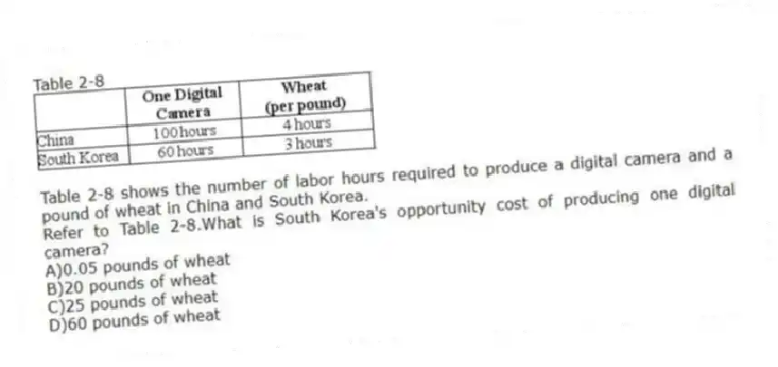Table 2-8
Table 2-8 shows the number of labor hours required to produce a digital camera and a pound of wheat in China and South Korea.
-Refer to Table 2-8.What is South Korea's opportunity cost of producing one digital camera?
A)0.05 pounds of wheat
B)20 pounds of wheat
C)25 pounds of wheat
D)60 pounds of wheat