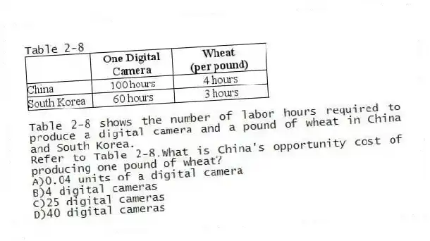 Table 2-8
Table 2-8 shows the number of labor hours required to produce a digital camera and a pound of wheat in China and South Korea.
-Refer to Table 2-8.What is China's opportunity cost of producing one pound of wheat?
A)0.04 units of a digital camera
B)4 digital cameras
C)25 digital cameras
D)40 digital cameras