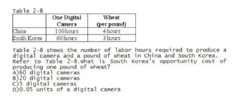 Table 2-8
Table 2-8 shows the number of labor hours required to produce a digital camera and a pound of wheat in China and South Korea.
-Refer to Table 2-8.What is South Korea's opportunity cost of producing one pound of wheat?
A)60 digital cameras
B)20 digital cameras
C)5 digital cameras
D)0.05 units of a digital camera