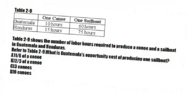 Table 2-9
Table 2-9 shows the number of labor hours required to produce a canoe and a sailboat in Guatemala and Honduras.
-Refer to Table 2-9.What is Guatemala's opportunity cost of producing one sailboat?
A)1/6 of a canoe
B)2/3 of a canoe
C)3 canoes
D)6 canoes
