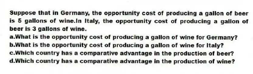 Suppose that in Germany, the opportunity cost of producing a gallon of beer is 5 gallons of wine.In Italy, the opportunity cost of producing a gallon of beer is 3 gallons of wine.
a.What is the opportunity cost of producing a gallon of wine for Germany?
b.What is the opportunity cost of producing a gallon of wine for Italy?
c.Which country has a comparative advantage in the production of beer?
d.Which country has a comparative advantage in the production of wine?