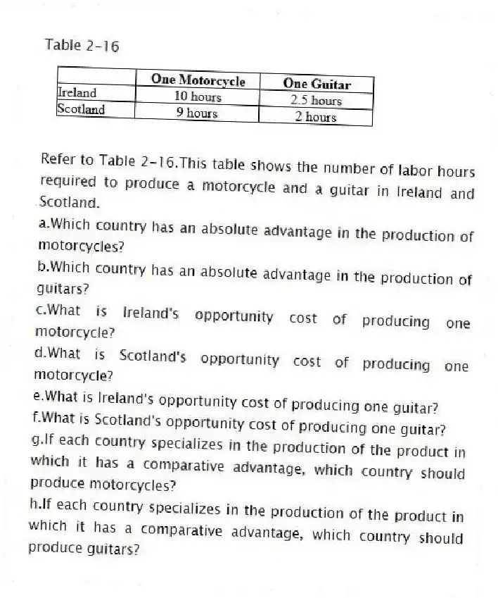 Table 2-16
-Refer to Table 2-16.This table shows the number of labor hours required to produce a motorcycle and a guitar in Ireland and Scotland.
a.Which country has an absolute advantage in the production of motorcycles?
b.Which country has an absolute advantage in the production of guitars?
c.What is Ireland's opportunity cost of producing one motorcycle?
d.What is Scotland's opportunity cost of producing one motorcycle?
e.What is Ireland's opportunity cost of producing one guitar?
f.What is Scotland's opportunity cost of producing one guitar?
g.If each country specializes in the production of the product in which it has a comparative advantage, which country should produce motorcycles?
h.If each country specializes in the production of the product in which it has a comparative advantage, which country should produce guitars?