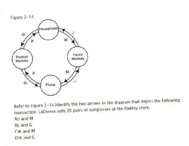 Figure 2-14
-Refer to Figure 2-14.Identify the two arrows in the diagram that depict the following transaction: LaDonna sells 20 pairs of sunglasses at the Oakley store.
A)J and M
B)J and G
C)K and M
D)K and G
