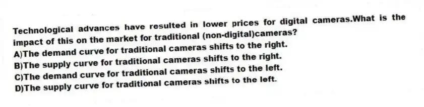 Technological advances have resulted in lower prices for digital cameras.What is the impact of this on the market for traditional (non-digital)cameras?
A)The demand curve for traditional cameras shifts to the right.
B)The supply curve for traditional cameras shifts to the right.
C)The demand curve for traditional cameras shifts to the left.
D)The supply curve for traditional cameras shifts to the left.