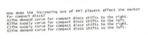 How does the increasing use of MP3 players affect the market for compact discs?
A)The demand curve for compact discs shifts to the right.
B)The supply curve for compact discs shifts to the left.
C)The supply curve for compact discs shifts to the right.
D)The demand curve for compact discs shifts to the left.