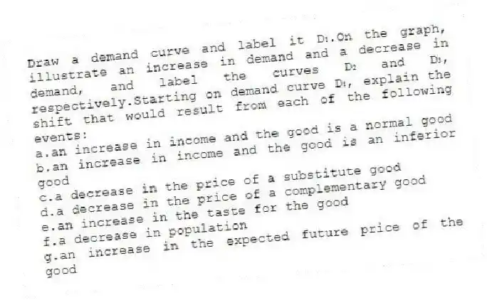 Draw a demand curve and label it D₁.On the graph, illustrate an increase in demand and a decrease in demand, and label the curves D₂ and D₃, respectively.Starting on demand curve D₁, explain the shift that would result from each of the following events:
a.an increase in income and the good is a normal good
b.an increase in income and the good is an inferior good
c.a decrease in the price of a substitute good
d.a decrease in the price of a complementary good
e.an increase in the taste for the good
f.a decrease in population
g.an increase in the expected future price of the good