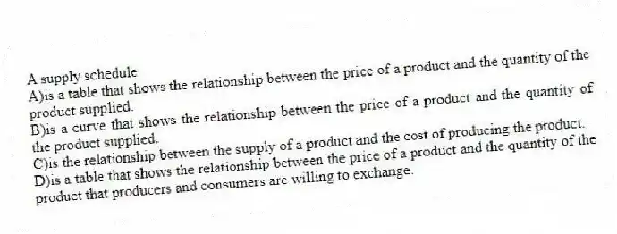 A supply schedule
A)is a table that shows the relationship between the price of a product and the quantity of the product supplied.
B)is a curve that shows the relationship between the price of a product and the quantity of the product supplied.
C)is the relationship between the supply of a product and the cost of producing the product.
D)is a table that shows the relationship between the price of a product and the quantity of the product that producers and consumers are willing to exchange.
