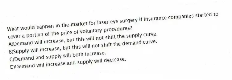 What would happen in the market for laser eye surgery if insurance companies started to cover a portion of the price of voluntary procedures?
A)Demand will increase, but this will not shift the supply curve.
B)Supply will increase, but this will not shift the demand curve.
C)Demand and supply will both increase.
D)Demand will increase and supply will decrease.