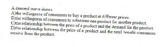 A demand curve shows
A)the willingness of consumers to buy a product at different prices.
B)the willingness of consumers to substitute one product for another product.
C)the relationship between the price of a product and the demand for the product.
D)the relationship between the price of a product and the total benefit consumers receive from the product.