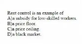 Rent control is an example of
A)a subsidy for low-skilled workers.
B)a price floor.
C)a price ceiling.
D)a black market.