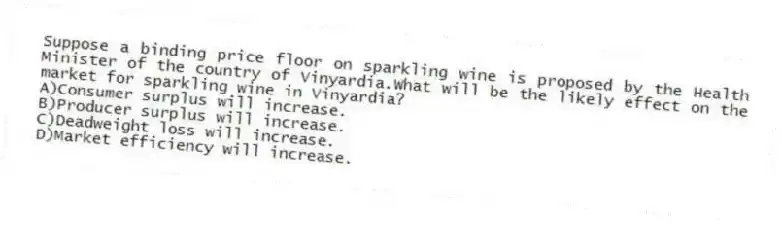 Suppose a binding price floor on sparkling wine is proposed by the Health Minister of the country of Vinyardia.What will be the likely effect on the market for sparkling wine in Vinyardia?
A)Consumer surplus will increase.
B)Producer surplus will increase.
C)Deadweight loss will increase.
D)Market efficiency will increase.