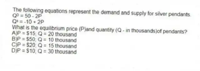 The following equations represent the demand and supply for silver pendants.
Qᴰ = 50 - 2P
Qˢ = -10 + 2P
What is the equilibrium price (P)and quantity (Q - in thousands)of pendants?
A)P = $15; Q = 20 thousand
B)P = $50; Q = 10 thousand
C)P = $20; Q = 15 thousand
D)P = $10; Q = 30 thousand