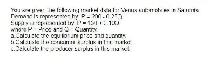 You are given the following market data for Venus automobiles in Saturnia.
Demand is represented by: P = 200 - 0.25Q
Supply is represented by: P = 130 + 0.10Q
where P = Price and Q = Quantity.
a.Calculate the equilibrium price and quantity.
b.Calculate the consumer surplus in this market.
c.Calculate the producer surplus in this market.