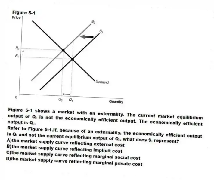 Figure 5-1
  
Figure 5-1 shows a market with an externality. The current market equilibrium output of Q₁ is not the economically efficient output. The economically efficient output is Q₂.
-Refer to Figure 5-1.If, because of an externality, the economically efficient output is Q₂ and not the current equilibrium output of Q₁, what does S₁ represent?
A)the market supply curve reflecting external cost 
B)the market supply curve reflecting implicit cost 
C)the market supply curve reflecting marginal social cost 
D)the market supply curve reflecting marginal private cost

